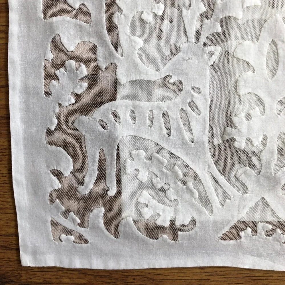 Antique Hungarian Buzsak Stag in the Woods Applique Lace Linen‎ Runner + Set